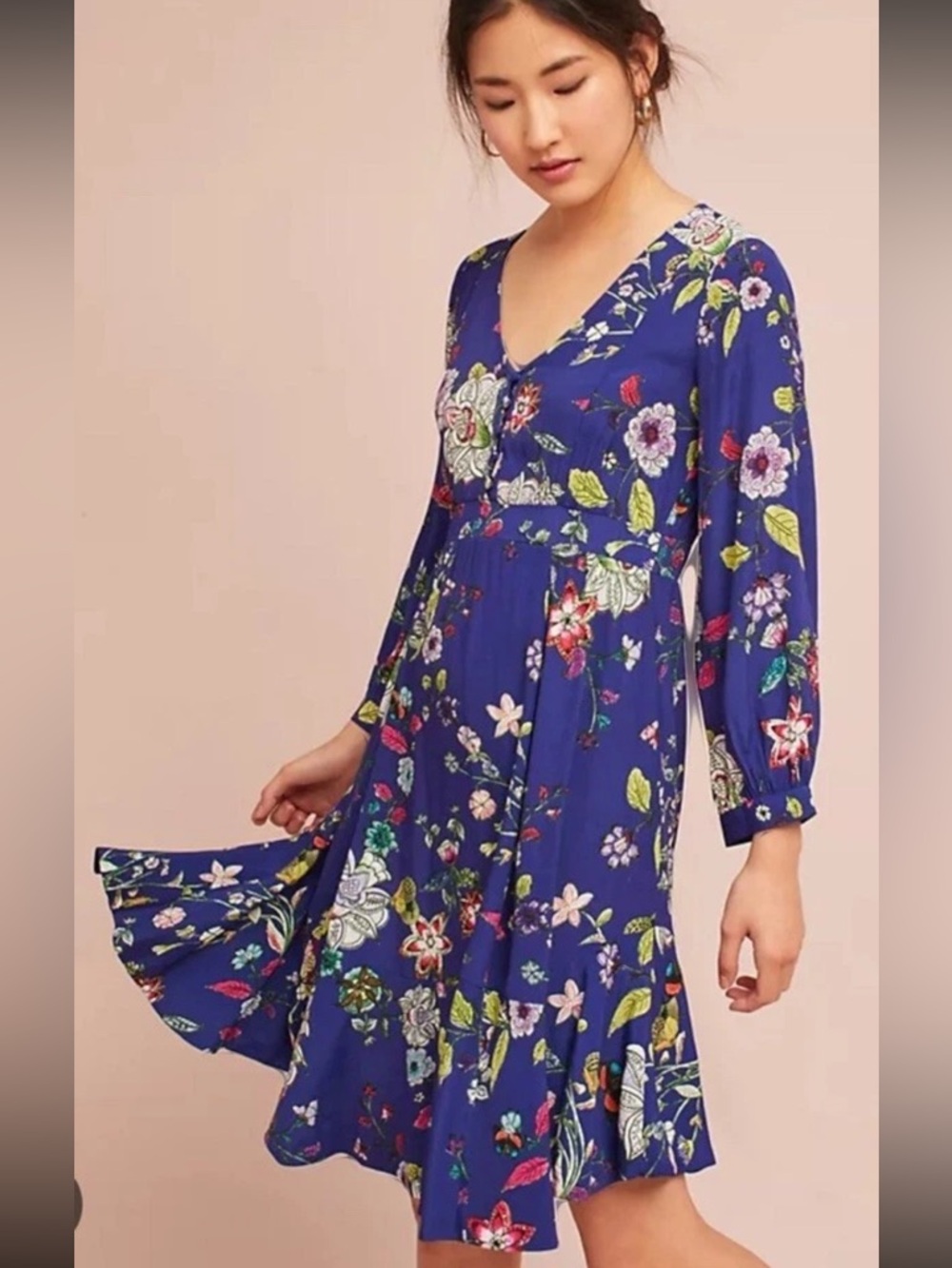 Maeve Anthropologie Maplewood Blue Floral Long Sleeve Button Dress Sz L Wedding